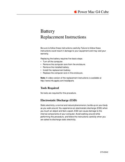Apple Power Mac G4 Cube Battery Replacement Instructions - cover page