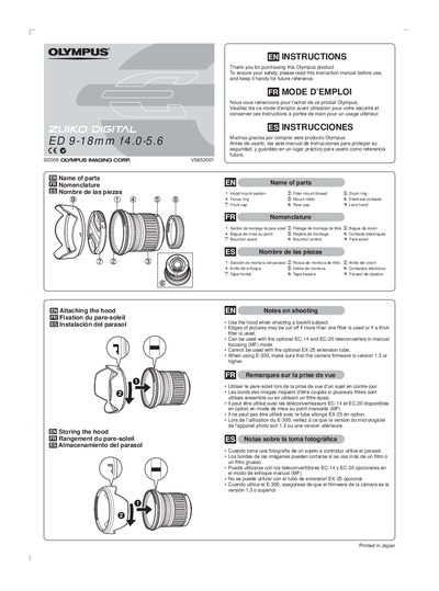 Olympus ED 9-18mm f4.0-5.6 Lens User Manual