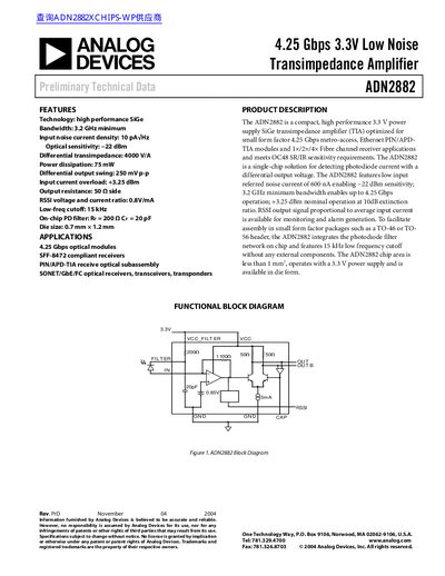 ANALOG DEVICES ADN2882 4.25 Gbps 3.3V Low Noise Transimpedance Amplifier handbook - cover page