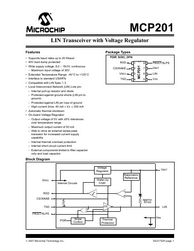 Microchip MCP201 LIN Transceiver Datasheet - cover page