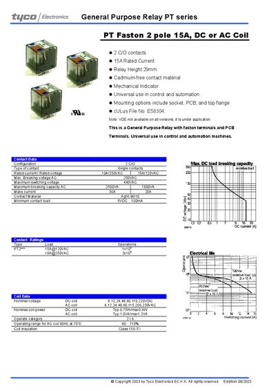 Tyco PT Series General Purpose Relay Datasheet - cover page