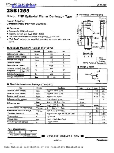 Panasonic 2SB1255 Silicon PNP Power Amplifier Datasheet - cover page