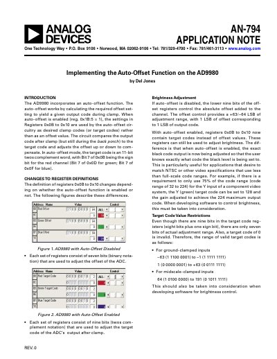 Analog Devices AN-794 Application Note AD9980 Auto-Offset