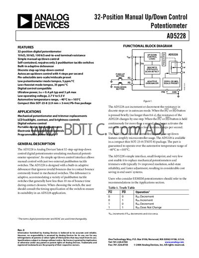Analog Devices AD5228 Digital Potentiometer Datasheet - cover page