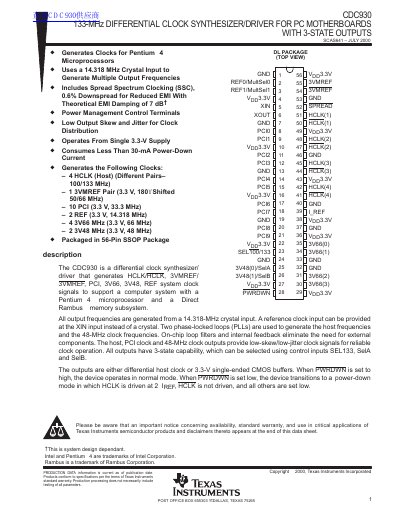 Texas Instruments CDC930 Clock Synthesizer Datasheet - cover page