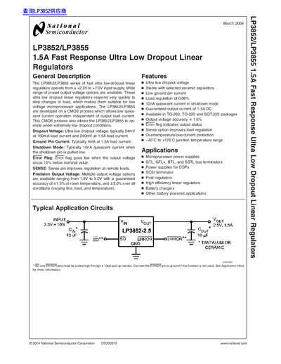 National Semiconductor LP3852/LP3855 Linear Regulator Datasheet - cover page