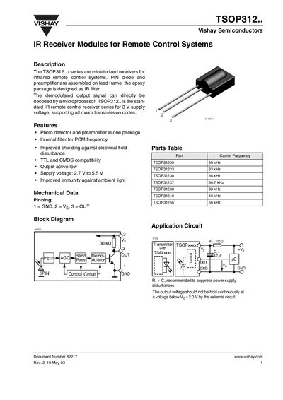 Vishay TSOP312 Series IR Receiver Module Datasheet - cover page