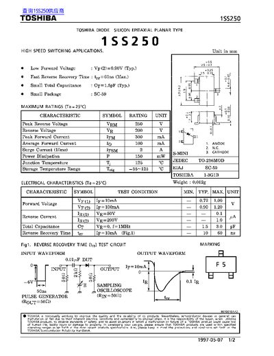 Toshiba 1SS250 Silicon Epitaxial Planar Diode Datasheet - cover page