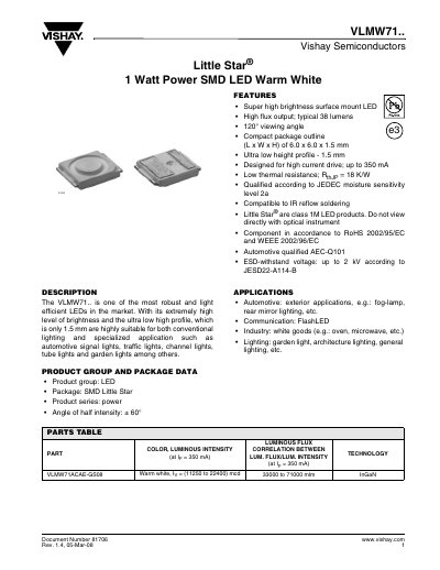 Vishay VLMW71.. Little Star 1 Watt Power SMD LED Datasheet