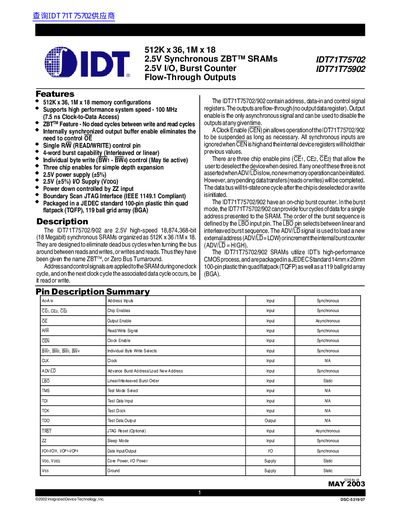IDT IDT71T75702 / IDT71T75902 2.5V Synchronous ZBT SRAM Datasheet - cover page