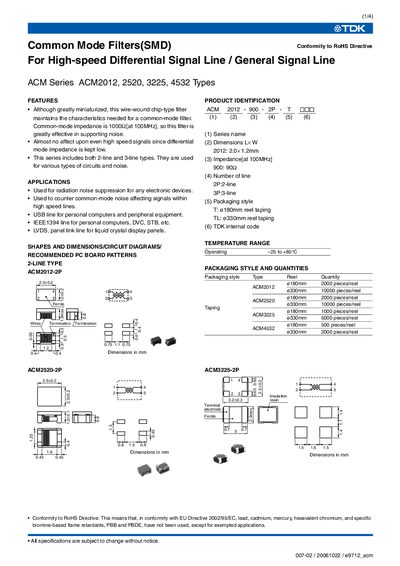 TDK ACM2012/2520/3225/4532 Common Mode Filters Datasheet - cover page