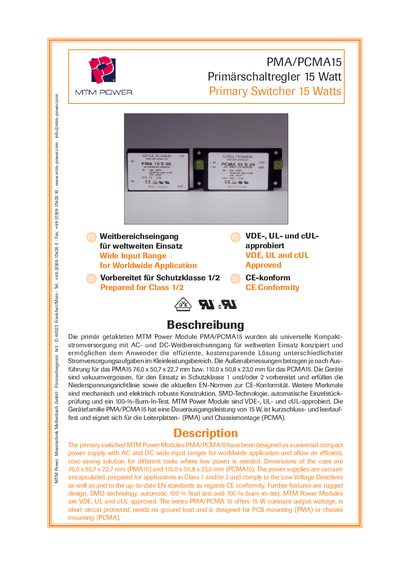 MTM Power PMA/PCMA15 15 W Primary Switcher Datasheet - cover page