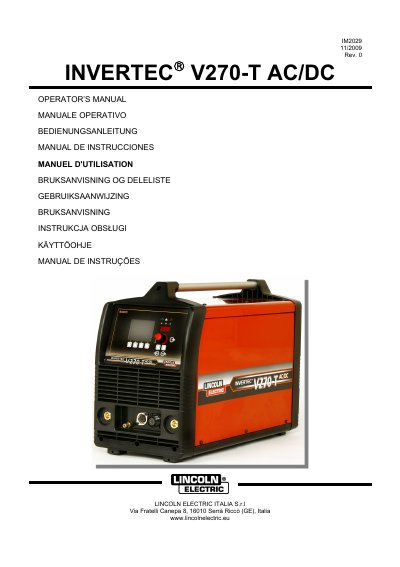 Lincoln Electric INVERTEC V270-T AC/DC Operator's Manual - cover page