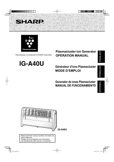 SHARP air purifier IG-A40UW Operation Manual - cover page