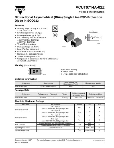Vishay VCUT0714A-02Z ESD Protection Diode Datasheet - cover page