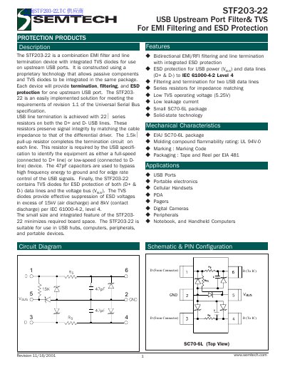 Semtech STF203-22 USB Upstream Port Filter and TVS Datasheet - cover page