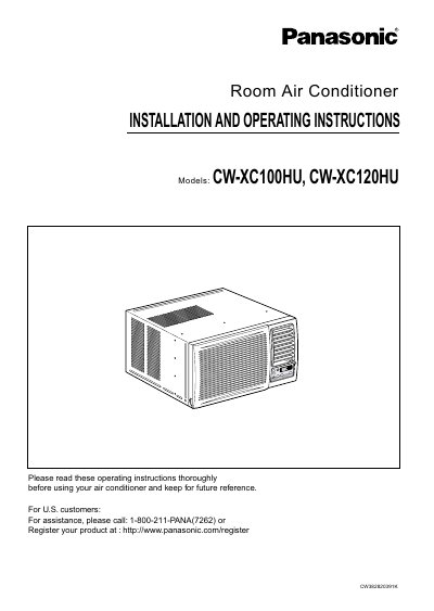 Panasonic CW-XC100HU/CW-XC120HU Room Air Conditioner Installation and Operating Instructions - cover page
