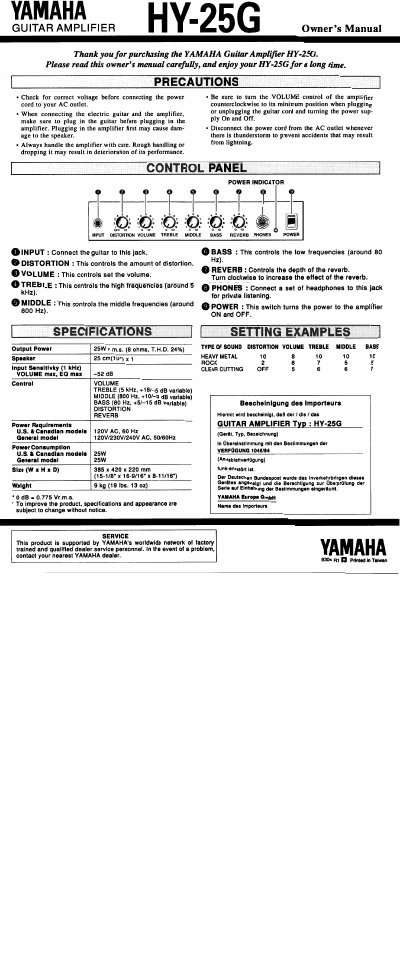 Yamaha HY-25G Guitar Amplifier Owner's Manual - cover page