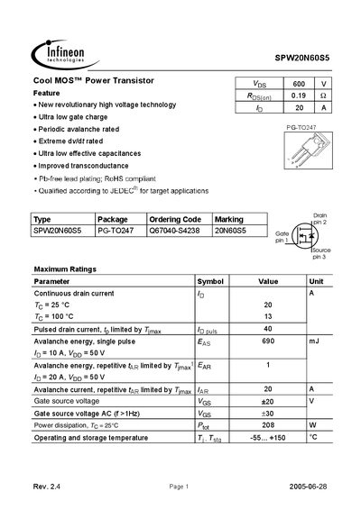 Infineon SPW20N60S5 Cool MOS Power Transistor Datasheet - cover page