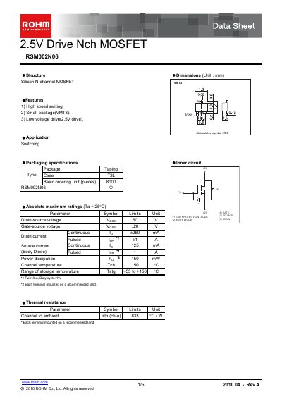 ROHM RSM002N06 MOSFET Datasheet - cover page