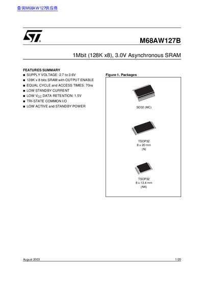 STMicroelectronics M68AW127B 1Mbit SRAM Datasheet - cover page