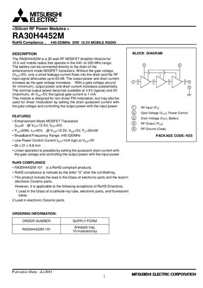 Mitsubishi Electric RA30H4452M Datasheet - cover page