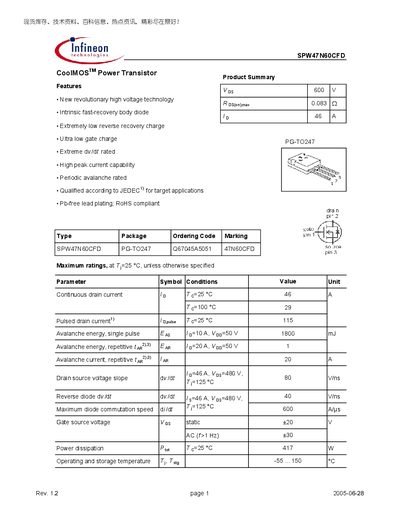 Infineon SPW47N60CFD CoolMOS Power Transistor Datasheet - cover page