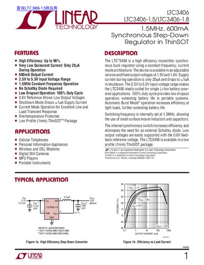 Linear Technology LTC3406-1.5/1.8 Synchronous Step-Down Regulator Datasheet - cover page