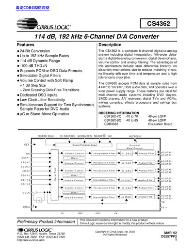 Cirrus Logic CS4362 Converter Datasheet - cover page