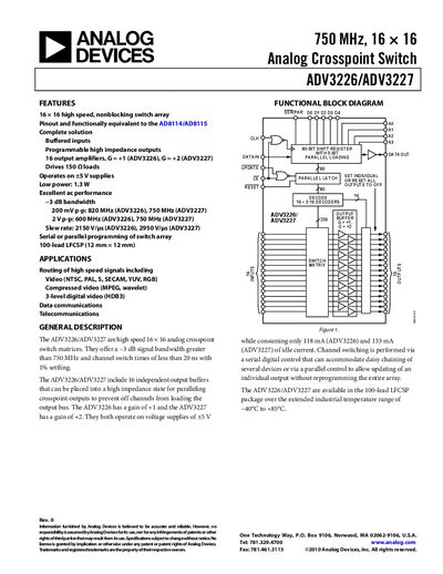 Analog Devices ADV3226/ADV3227 Analog Crosspoint Switch Datasheet - cover page