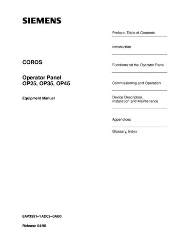 Siemens OP25/OP35/OP45 Operator Panel Equipment Manual - cover page