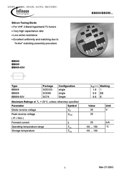 Infineon BB669/BB689/BB689-02V Silicon Tuning Diode Datasheet - cover page