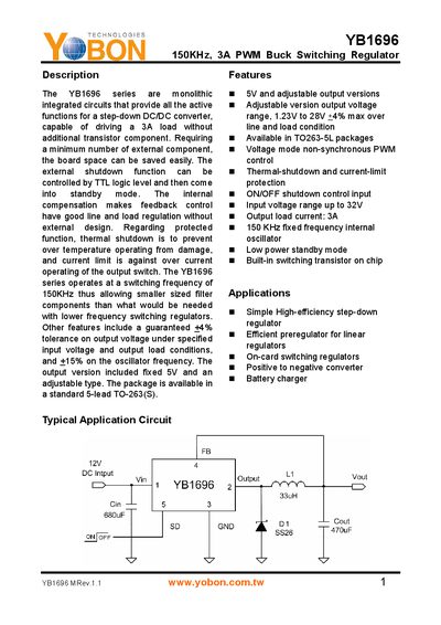 YB1696 150kHz 3A PWM Buck Switching Regulator Datasheet - cover page