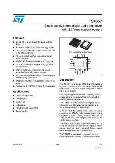 STMicroelectronics TS4657 Stereo Digital Audio Line Driver Datasheet
