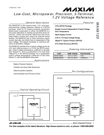 MAXIM MAX6120 Low-Cost Micropower Precision 3-Terminal 1.2V Voltage Reference handbook - cover page