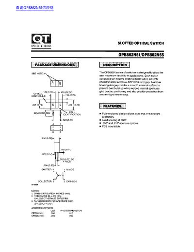 Optoelectronics OPB862N51/OPB862N55 Slotted Optical Switch Datasheet - cover page