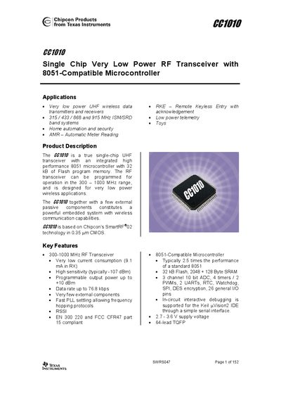 Texas Instruments CC1010 Datasheet - cover page