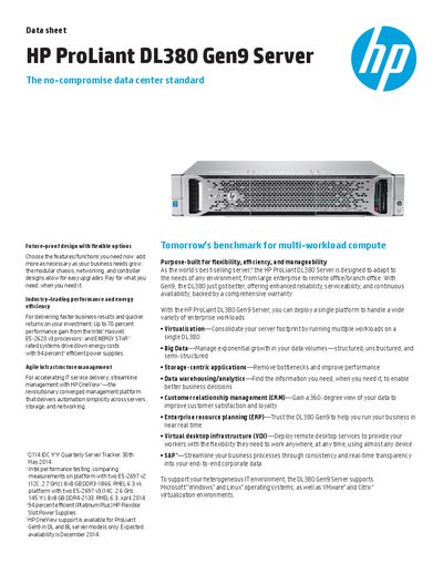 HP DL380 Gen9 Server Data Sheet - cover page