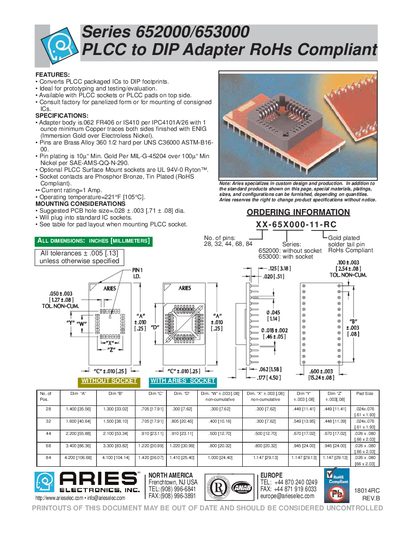 Aries 652000/653000 PLCC to DIP Adapter Datasheet - cover page