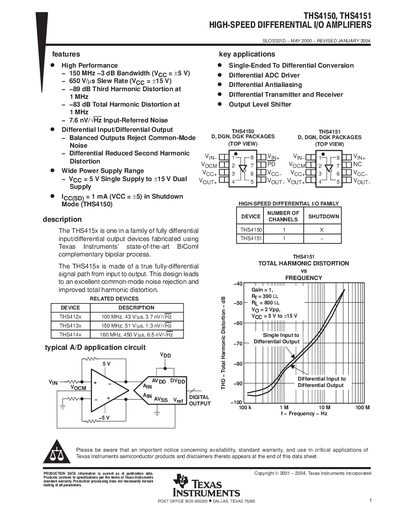Texas Instruments THS4150/THS4151 High-Speed Differential I/O Amplifiers Datasheet - cover page