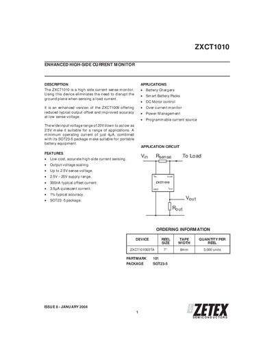 Zetex ZXCT1010 Enhanced High‑Side Current Monitor Datasheet - cover page