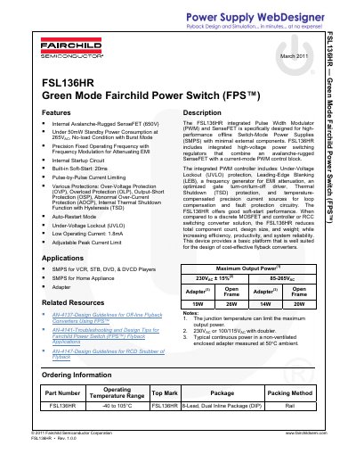 Fairchild Semiconductor FSL136HR Power Switch Datasheet - cover page