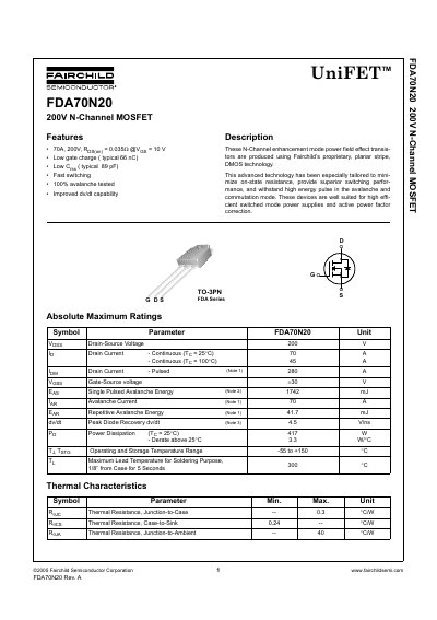 Fairchild FDA70N20 200V N-Channel MOSFET Datasheet - cover page