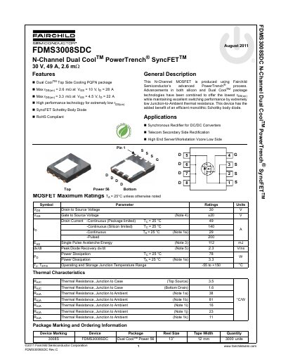 Fairchild FDMS3008SDC N-Channel Dual Cool PowerTrench SyncFET Datasheet - cover page