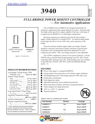 Allegro MicroSystems A3940KLP/A3940KLW Full-Bridge Power MOSFET Controller Data Sheet