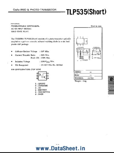 Toshiba TLP535 Photocoupler Datasheet - cover page