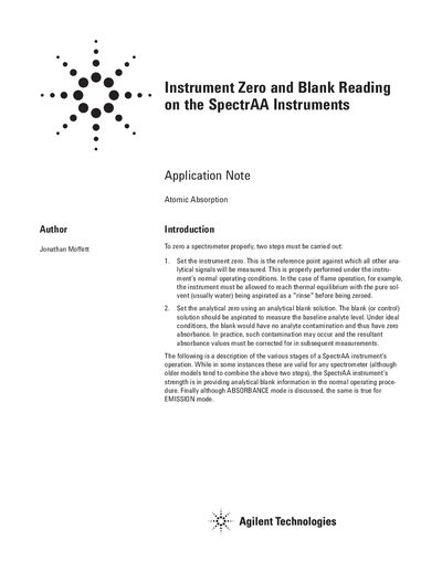 Agilent SpectrAA Instruments Application Note: Instrument Zero and Blank Reading - cover page