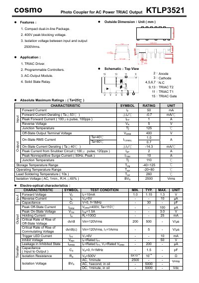 Cosmo KTLP3521 Photo Coupler Datasheet - cover page