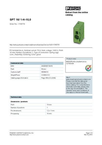 PHOENIX CONTACT SPT 16/ 1-H-10 0 Order No.: 1735778 handbook - cover page