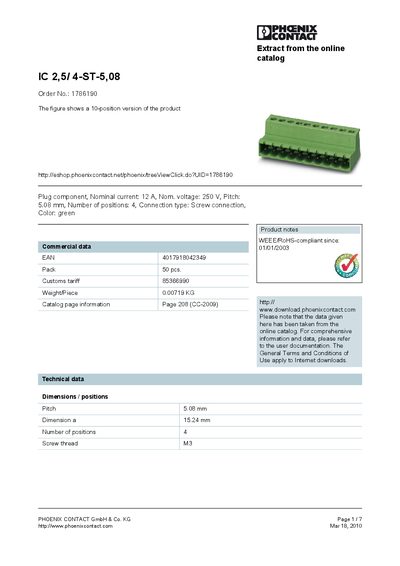 Phoenix Contact IC 2,5/4-ST-5,08 Datasheet - cover page